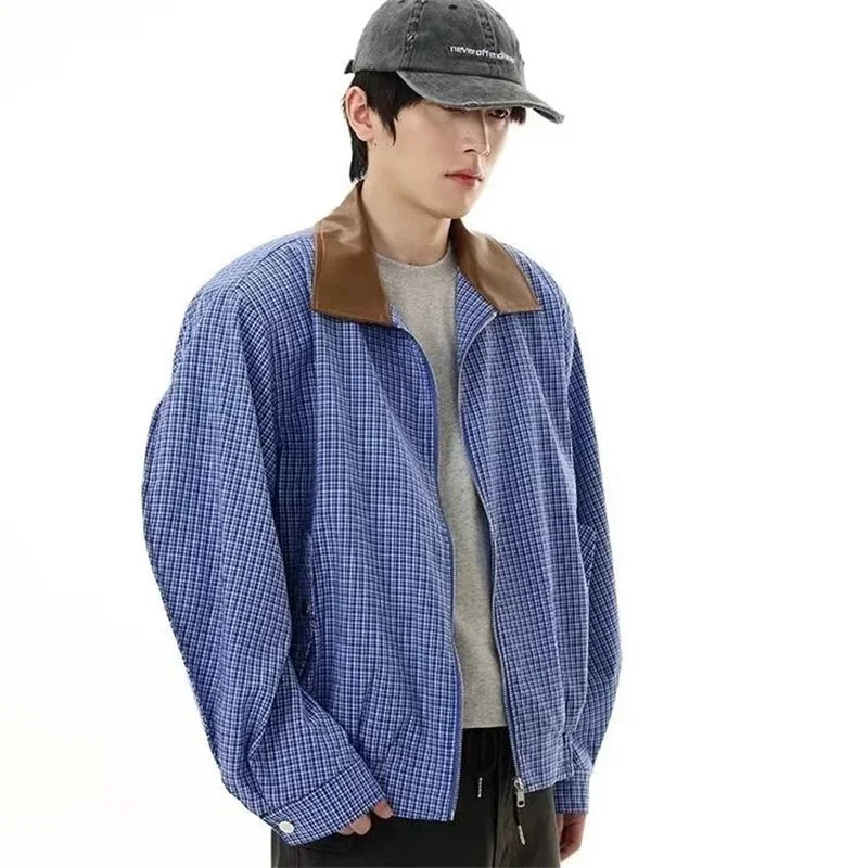 2024 autumn high street plaid jackets for men casual y2k vintage streetwear zipper coats hip hop fashion motorcycle jacket relaxed fit trousers