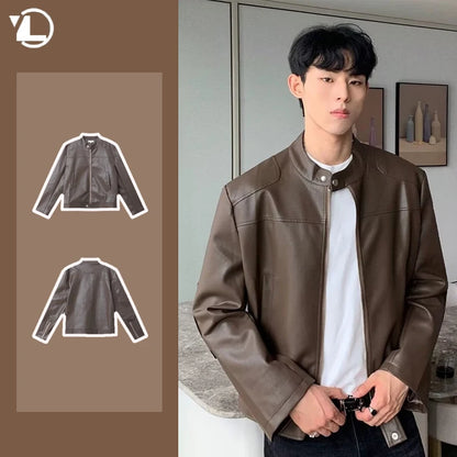 retro american street leather jacket mens autumn 2024 motorcycle standing collar trendy short coat zipper loose bomber outwear casual urban shorts