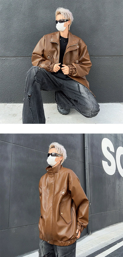 spring autumn vintage cool soft pu leather moto jacket men luxury designer clothes motorcycle trendy jacket with pockets unique default style 5960