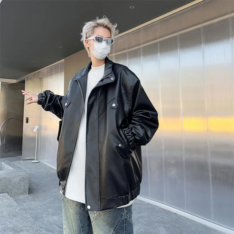 spring autumn vintage cool soft pu leather moto jacket men luxury designer clothes motorcycle trendy jacket with pockets unique default style 5950