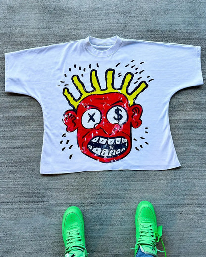 American Gothic Devil Print Oversized Round Short Sleeve Men's Y2K Street Hip-Hop Retro Harajuku All-match Top Couple Style Street King Limited