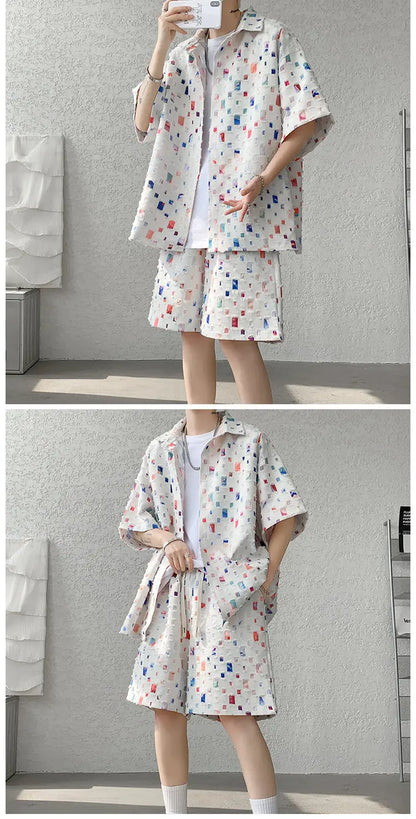 Summer Sets Men Fashion Short Sleeved Shirt Shorts Two-piece Men Korean Loose Hollow Out Set Mens Short Sets Plus Size M-5XL Street King Limited