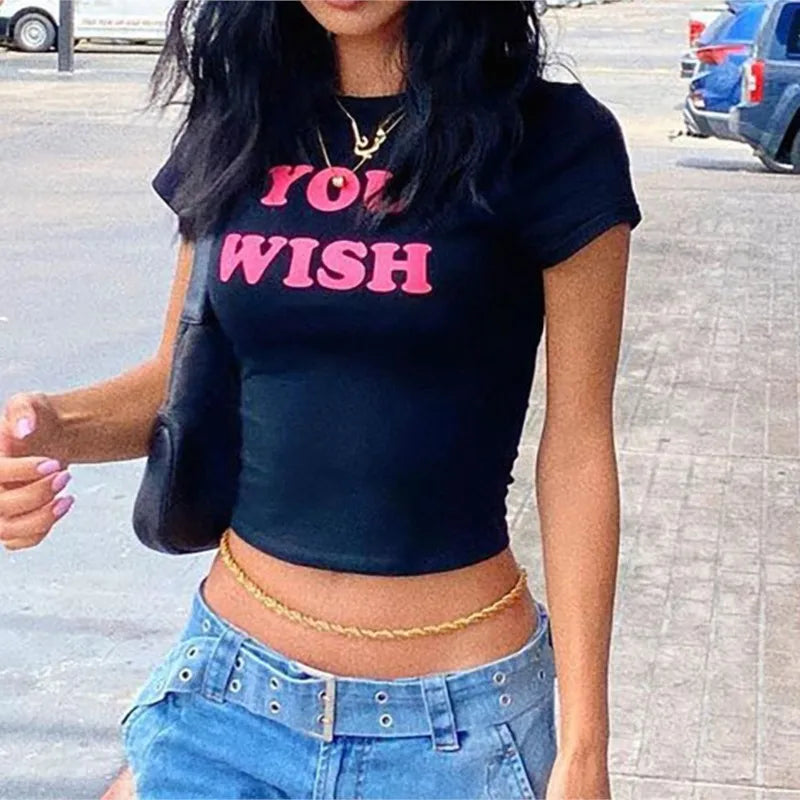 Aesthetic Fashion 2000S Cute Pink Letter Print Black Baby Tee Y2K Clothes Streetwear Vintage Short Sleeve Crop Top Women T-shirt Street King Limited