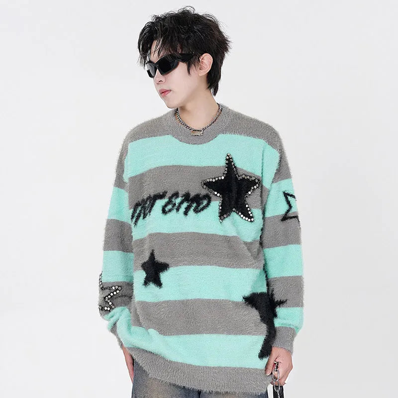 Men Sweater Rivet Stars Contrast Color Striped Jumper American Retro Loose Casual Pullover Harajuku O Neck Couple Knitwear Street King Limited