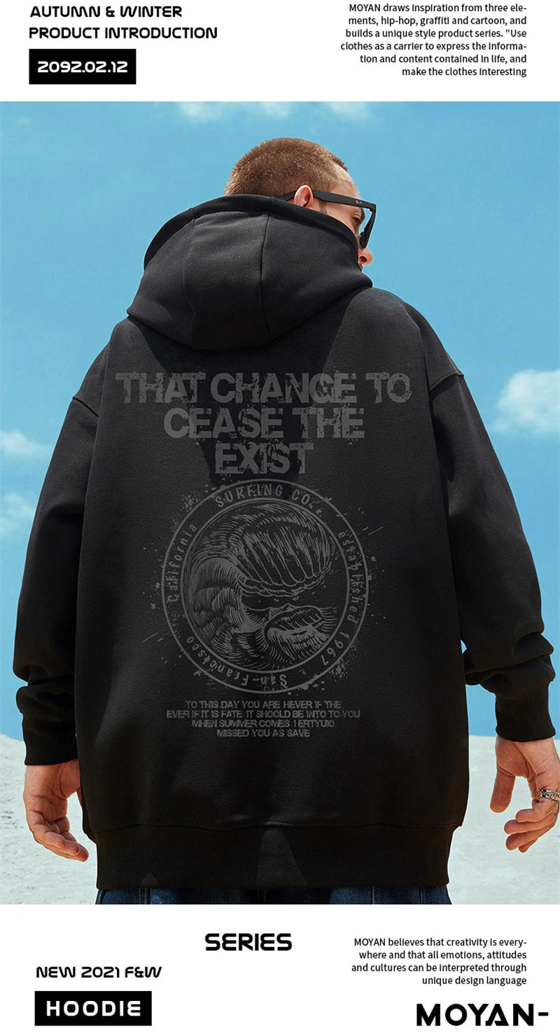 Wave Graphics Letter Print Loose Casual Fleece Hoodies For Men Autumn Retro High Street Oversized Hooded Sweatshirts Y2K Clothes Street King Limited