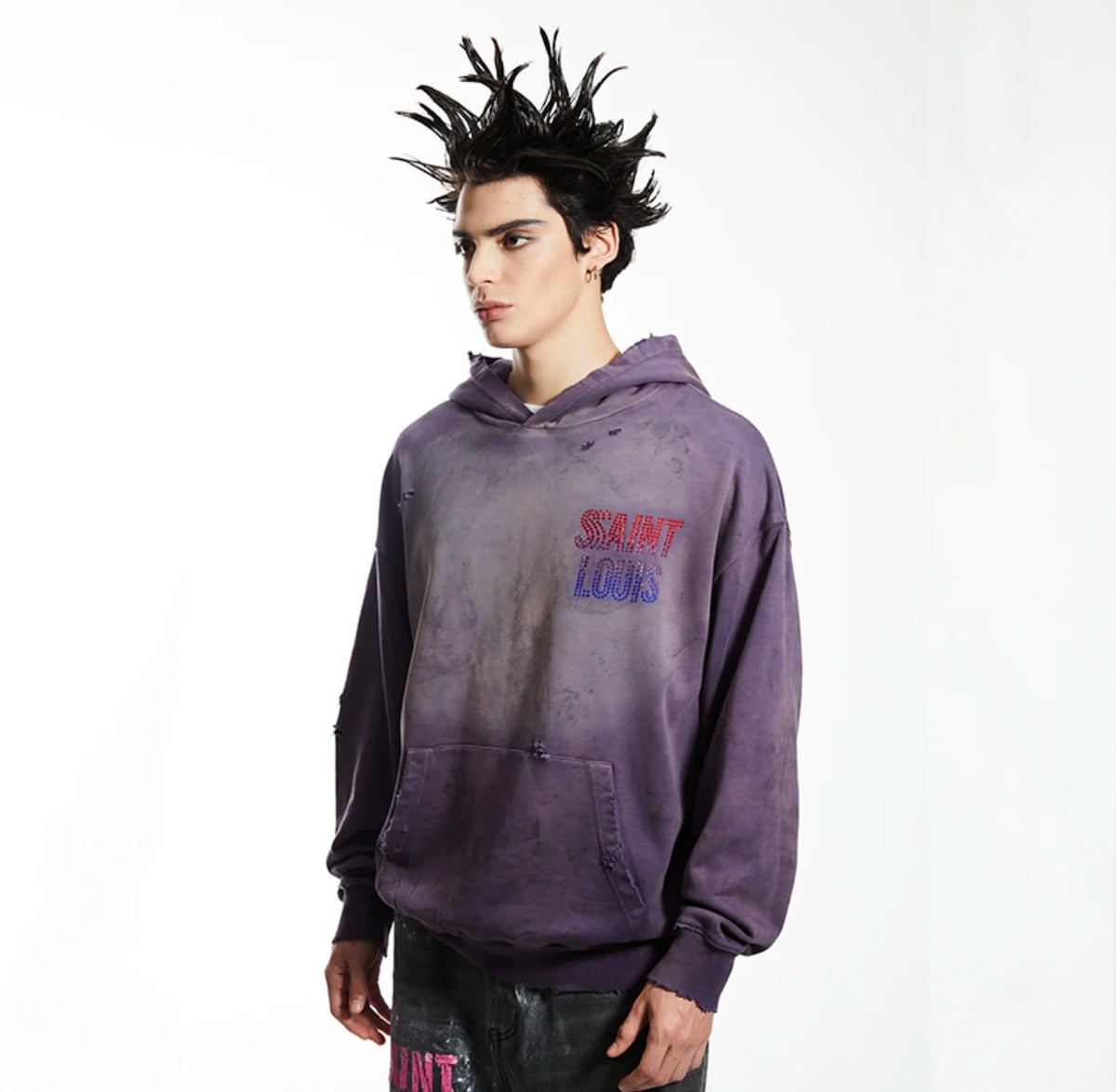 24 New SSAINT LOUIS Rhinestone Designs Gradient Purple Letter Print High-Street Hoodies Hooded Sweatshirt Street King Limited