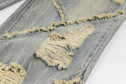 vintage ripped patchwork baggy jeans mens streetwear hip hop loose blue jeans trousers y2k distressed straight denim pants man unique jeans style 4230