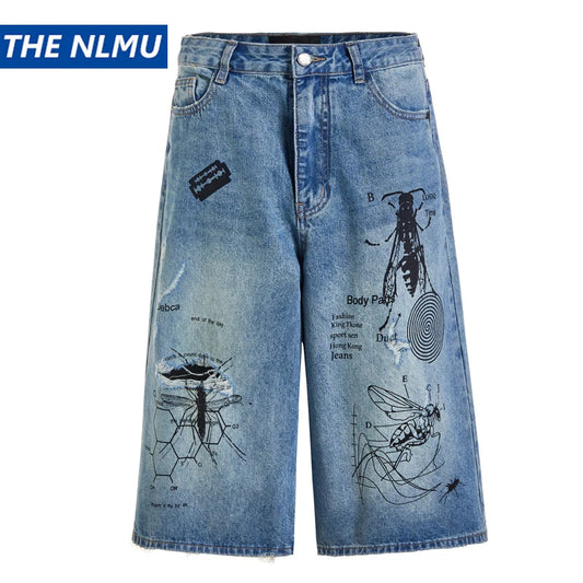 Men's Ripped Denim Shorts 2024 Summer Fashion Graffiti Insect Patterned Jeans Shorts Harajuku Streetwear Short Pants Y2K Street King Limited