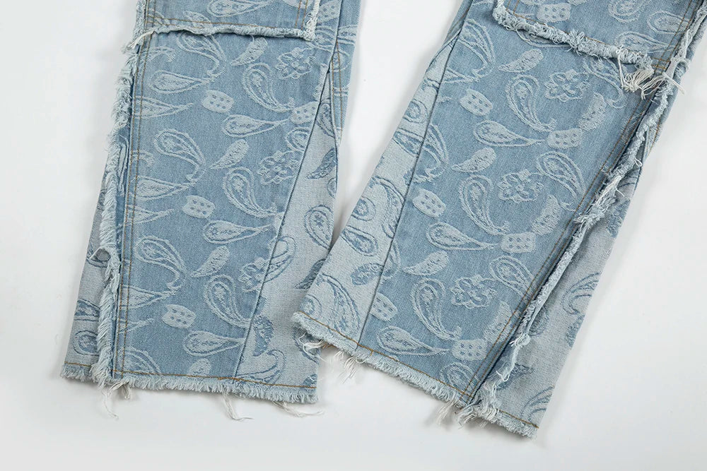 y2k frayed urban cashew flower full print patchwork baggy flare jeans for men straight pantalones hombre oversize denim trousers unique jeans style 3512