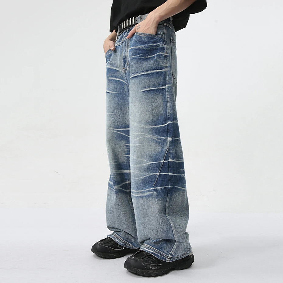vintage blue baggy jeans man loose straight denim pants harajuku hip hop jeans trousers men stacked flare jeans