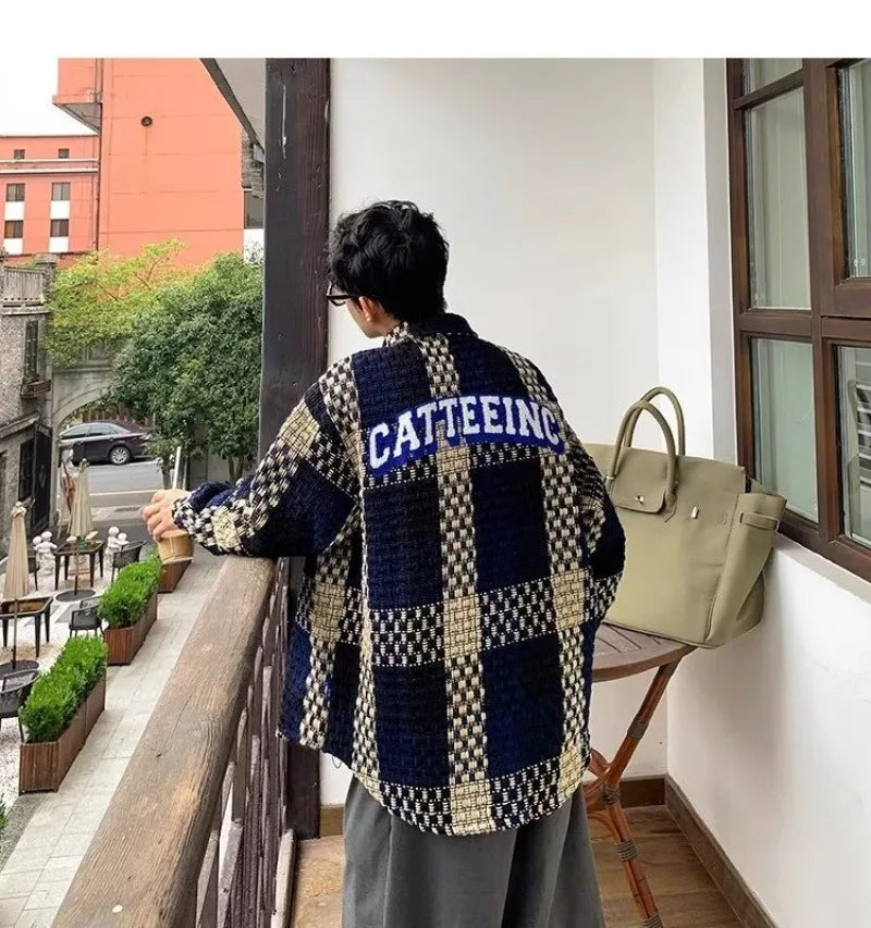 high street lattice mens jackets woven fabric single breasted loose harajuku shirt coats letter embroidered casual male tops unique default style 1817
