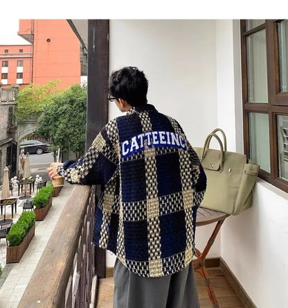 high street lattice mens jackets woven fabric single breasted loose harajuku shirt coats letter embroidered casual male tops unique default style 1817