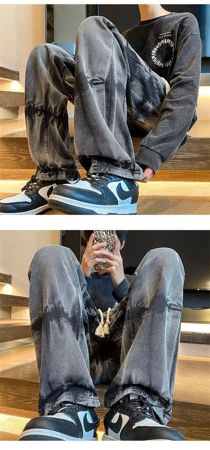 2025 new tie dye retro drawstring jeans for men baggy high street straight pants hip hop fashion casual y2k jean hombre pantalon unique jeans style 852