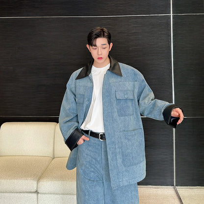 fashion show suits men streetwear washed denim splice loose casual jacket wide leg jeans pants 2 piece sets coat trousers suits unique jeans style 2622