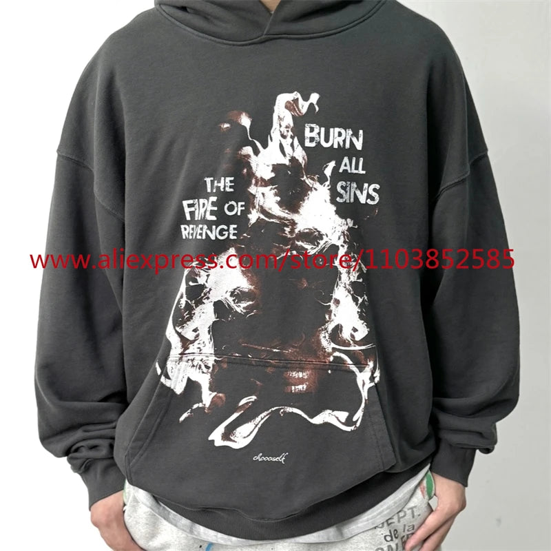 Autumn New 2024 Vintage American Long sleeved Hoodie Men's Heavyweight Flame Print High Street Tops Oversize Trendy Fashion Street King Limited