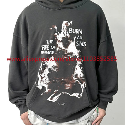 Autumn New 2024 Vintage American Long sleeved Hoodie Men's Heavyweight Flame Print High Street Tops Oversize Trendy Fashion Street King Limited