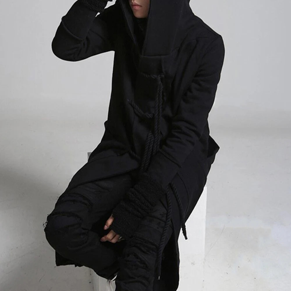 Mens Trench Coat Korean Style Dark Style Autumn And Winter Handsome Windbreaker Hip-Hop Mid-Length Trendy Mens Hooded Sweatshirt Street King Limited