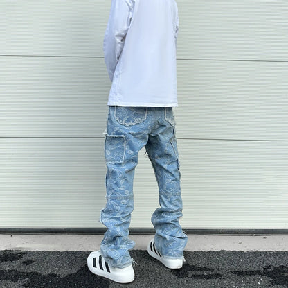 vintage high street washed light blue flared jeans cashew flower jacquard pattern rough edge jeans pants for men and women unique jeans style 920