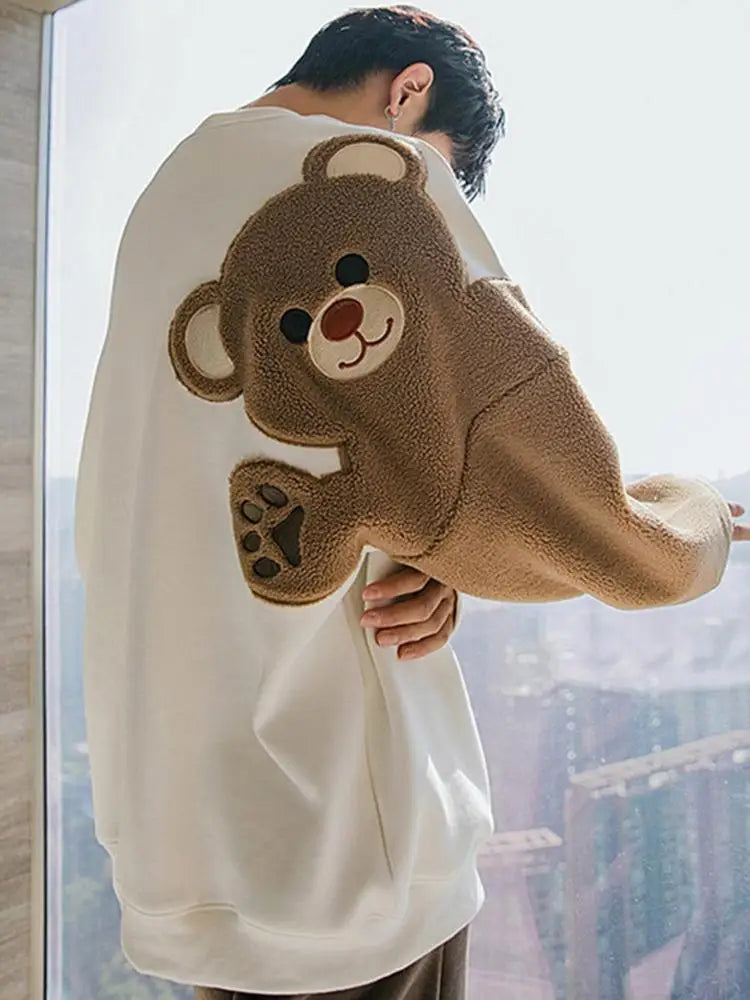 Long-sleeved Round Neck Sweater Lamb Hair Embroidery Flocking Sweater Loose Warm Winter Men's Bear Street King Limited