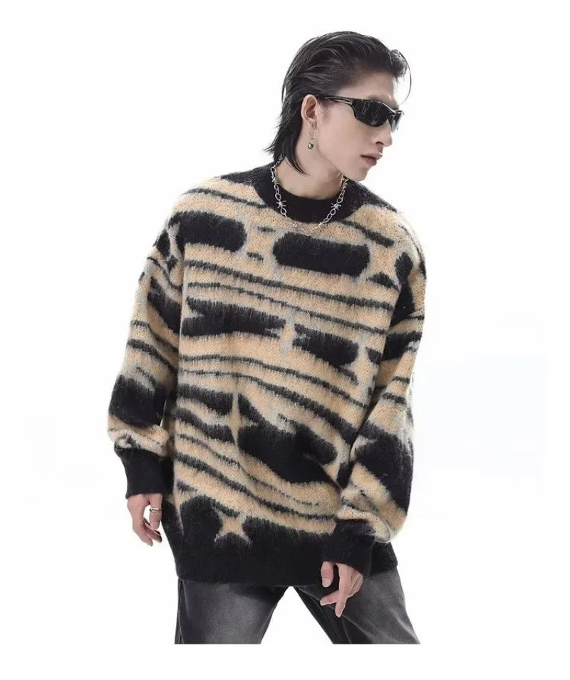 japanese hip hop sweater set men contrast zebra pattern round neck knit top splicing distressed loose jeans 2 pcs harajuku suit unique jeans style 3946