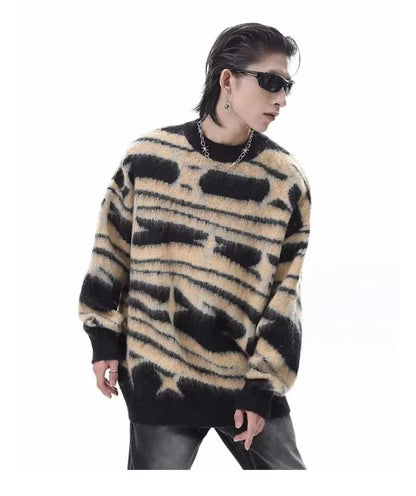 japanese hip hop sweater set men contrast zebra pattern round neck knit top splicing distressed loose jeans 2 pcs harajuku suit unique jeans style 3946