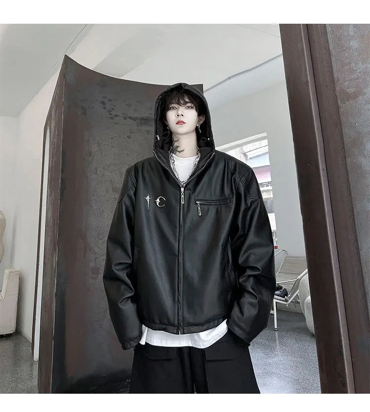 new 2024 men metal thug club pu leathers zippers bomber coats jackets down coats shirts cotton warm winter size 1 2 3 745 unique default style 3486