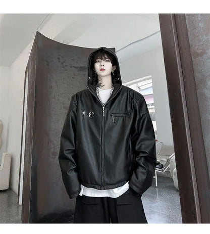 new 2024 men metal thug club pu leathers zippers bomber coats jackets down coats shirts cotton warm winter size 1 2 3 745 unique default style 3486