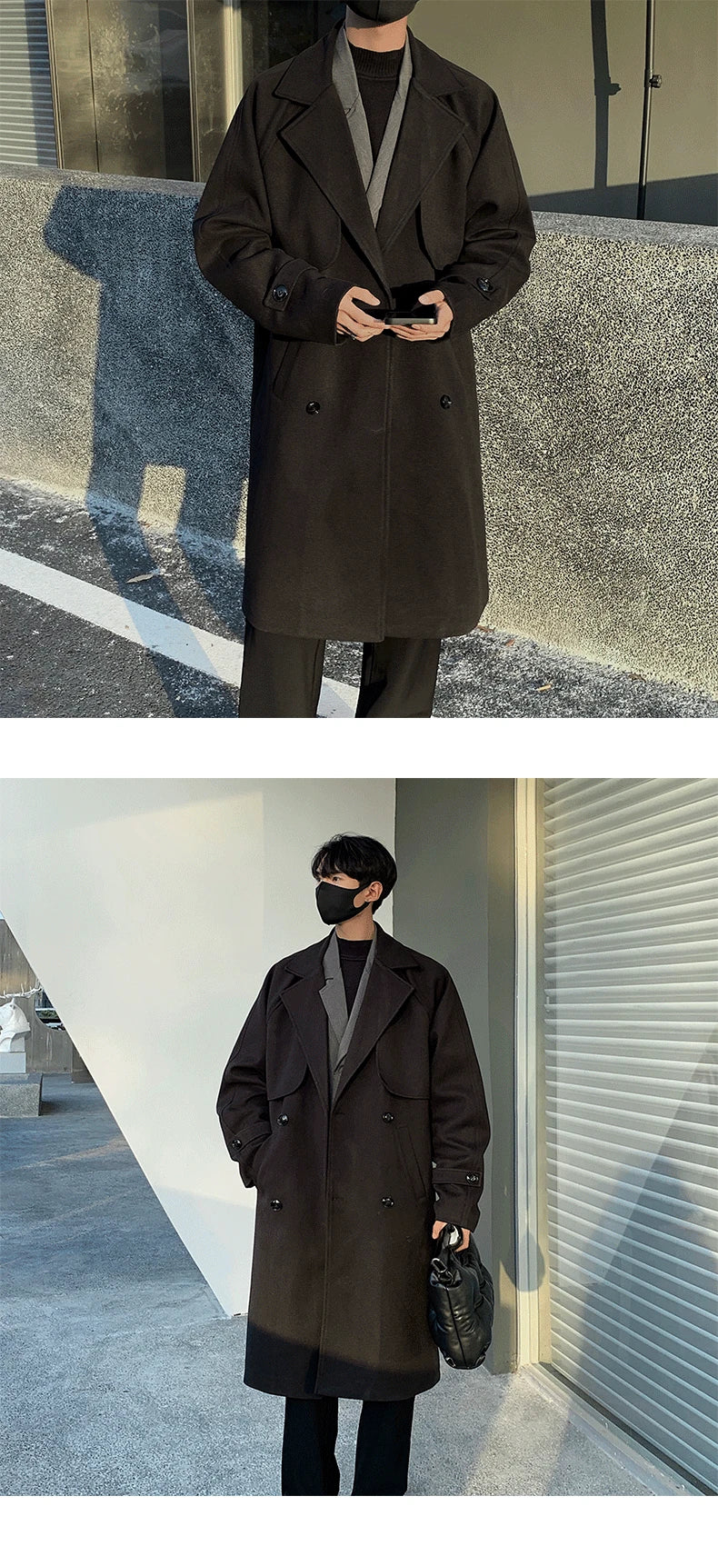 Men's Autumn Winter Mid Length Woolen Coat New Korean Tide Black Thickned Overcoat Long Sleeve Double-breasted Jackets Street King Limited