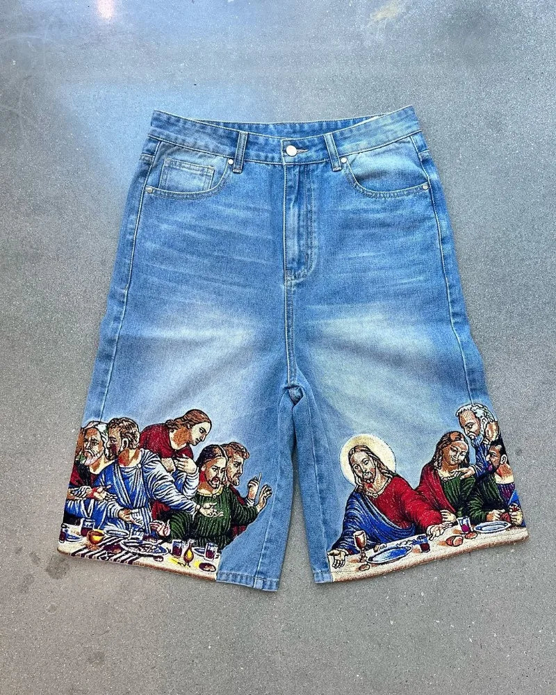 harajuku retro cartoon print oversized wide leg pants gothic washed distressed jeans men y2k fashion casual denim shorts women unique jeans style 3610