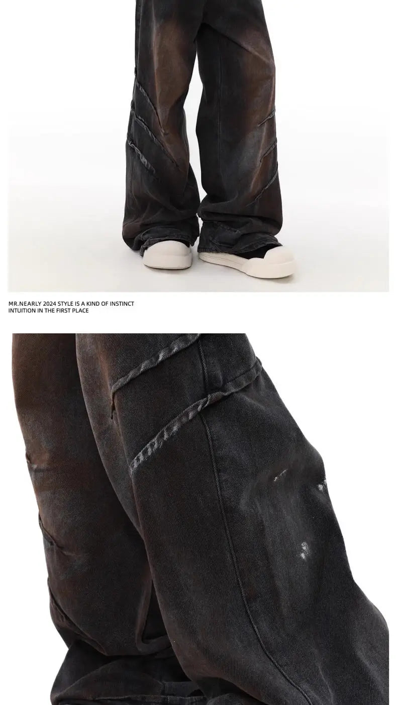american high street scratch design men and women trendy retro straight leg jeans couple street loose wide leg casual pants y2k unique jeans style 4425