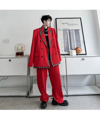 men streetwear fashion loose casual rivet hip hop party dress 2 piece suits blazers jacket pant sets stage clothing costume unique default style 1525