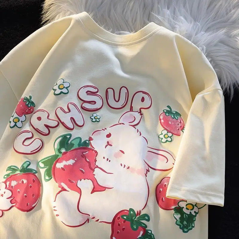 Cute Cartoon Rabbit Strawberry Fruit Print T Shirts Student Girls Kawaii Tee High Quality Cotton Summer Short Sleeve Casual Tops Street King Limited