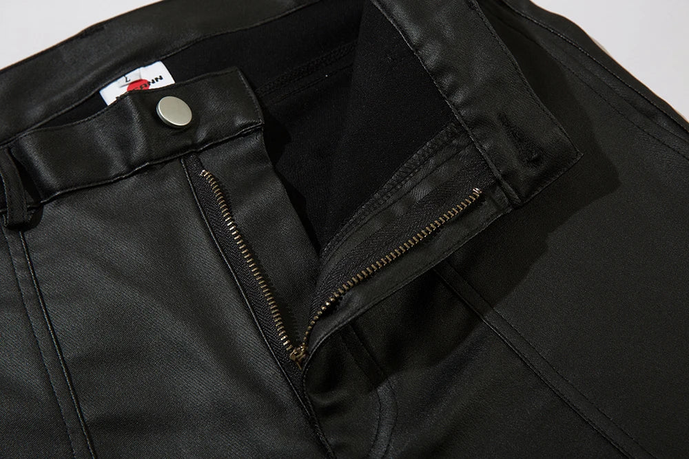 high street striped pu leather cargo pants mens harajuku straight ropa hombre loose overalls oversized casual trousers military streetwear pants
