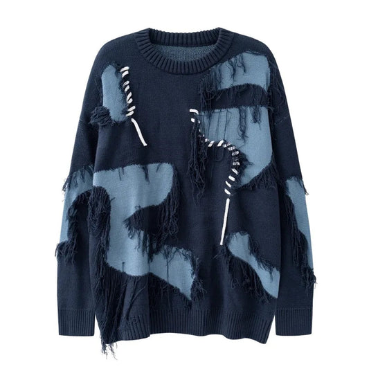 Mens Knitted Sweater Fashion Tassel Irregular Block Pullovers Casual O-neck Unisex Harajuku Y2k Streetwear Loose Knit Jumpers Street King Limited