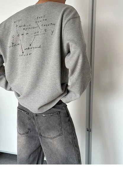 Trendy Korean Style Personalized Floral Gray Waffle Print Long-sleeved Autumn American Men's Women's Y2K Round Neck Sweatshirt Street King Limited