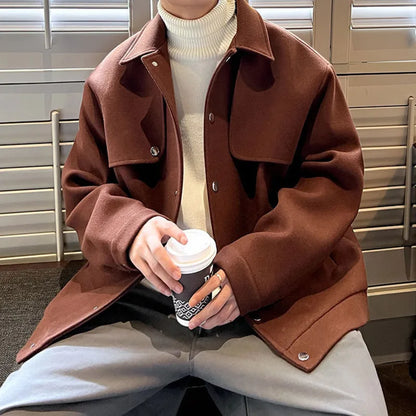 Winter Short Woolen Coat Men Warm Retro Thickened Woolen Jacket Men Streetwear Korean Loose Woolen Coat Mens Oversized Overcoat Street King Limited