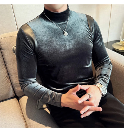 Turtleneck Stretch Slim-fit T-shirt Men Long Sleeve Thicken Elastic Velvet Retro Fashion Casual Tshirt Handsome Man T Shirts Street King Limited