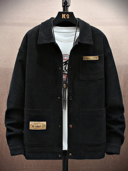 Streetwear Spring Appliques Long Sleeve Corduroy Shirts For Men Button Patchwork 2025 Spring Appliques Long Sleeve Corduroy Shirts For Men Button Patchwork Turn Down Collar Cargo Shirt Korean Fashion Jackets Fashion Sweater Jacket With Graphic Design For Men