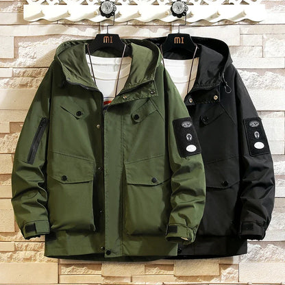 men jacket fashion 2024 army green punch jackets oversized hooded jacket collage zip design patch outdoor coat menswear bottoms
