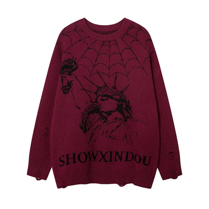 Hip Hop Knitted Sweater Mens Winter O-neck Harajuku Pattern Pullover Streetwear Casual Loose Pullover Sweaters Jumper Knitwear Street King Limited