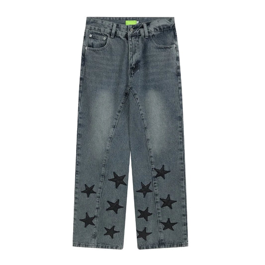 mens high street stars embroidery denim jean pants casual loose straight jeans hip hop y2k unisex pants streetwear joggers streetwear sweatpants