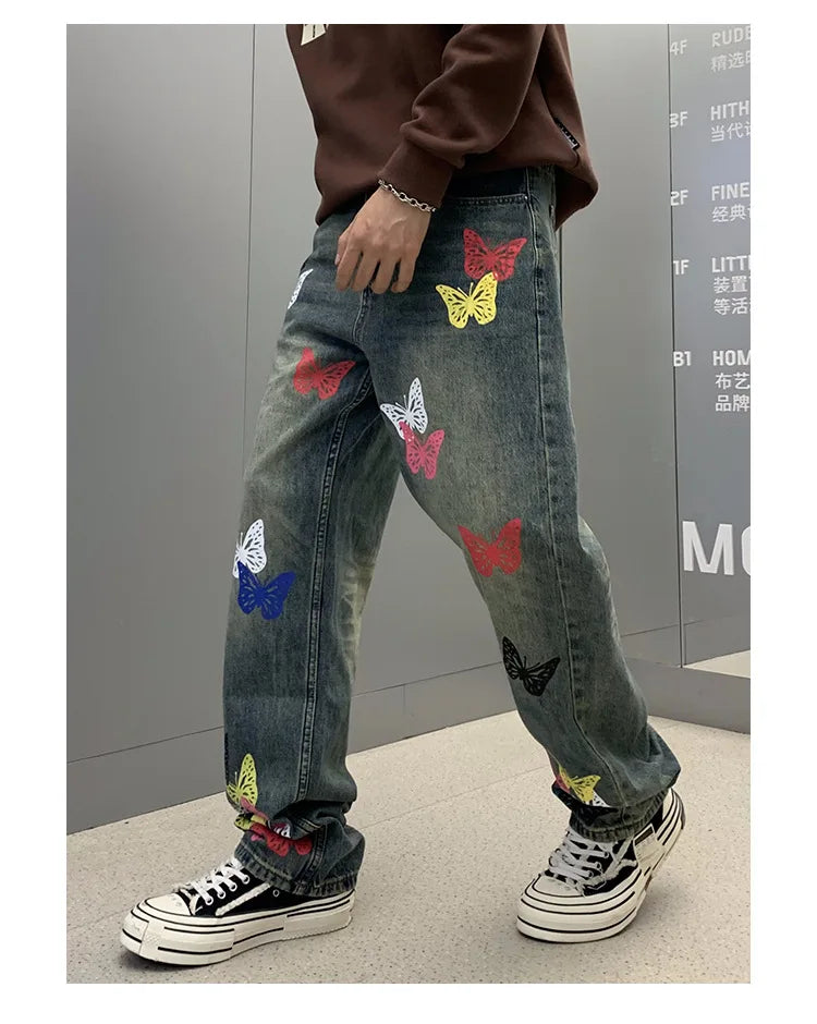 butterfly print jeans men streetwear fashion vibe loose casual hiphop straight washed denim pant jeans cityboy teen trousers unique jeans style 2560
