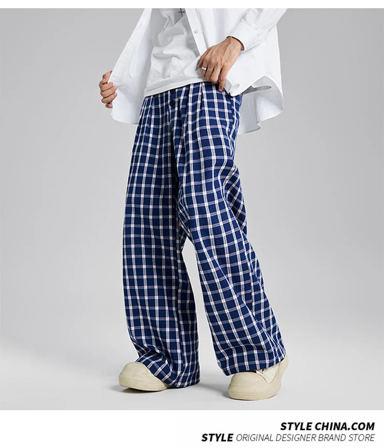 men women american streetwear fashion loose plaid wide leg straight pant boyfriend button down sports casual pants trousers unique default style 1410