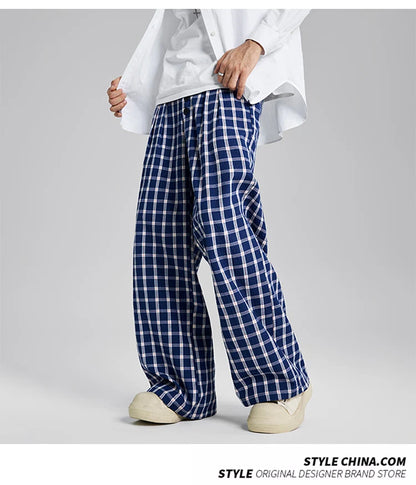 men women american streetwear fashion loose plaid wide leg straight pant boyfriend button down sports casual pants trousers unique default style 1410