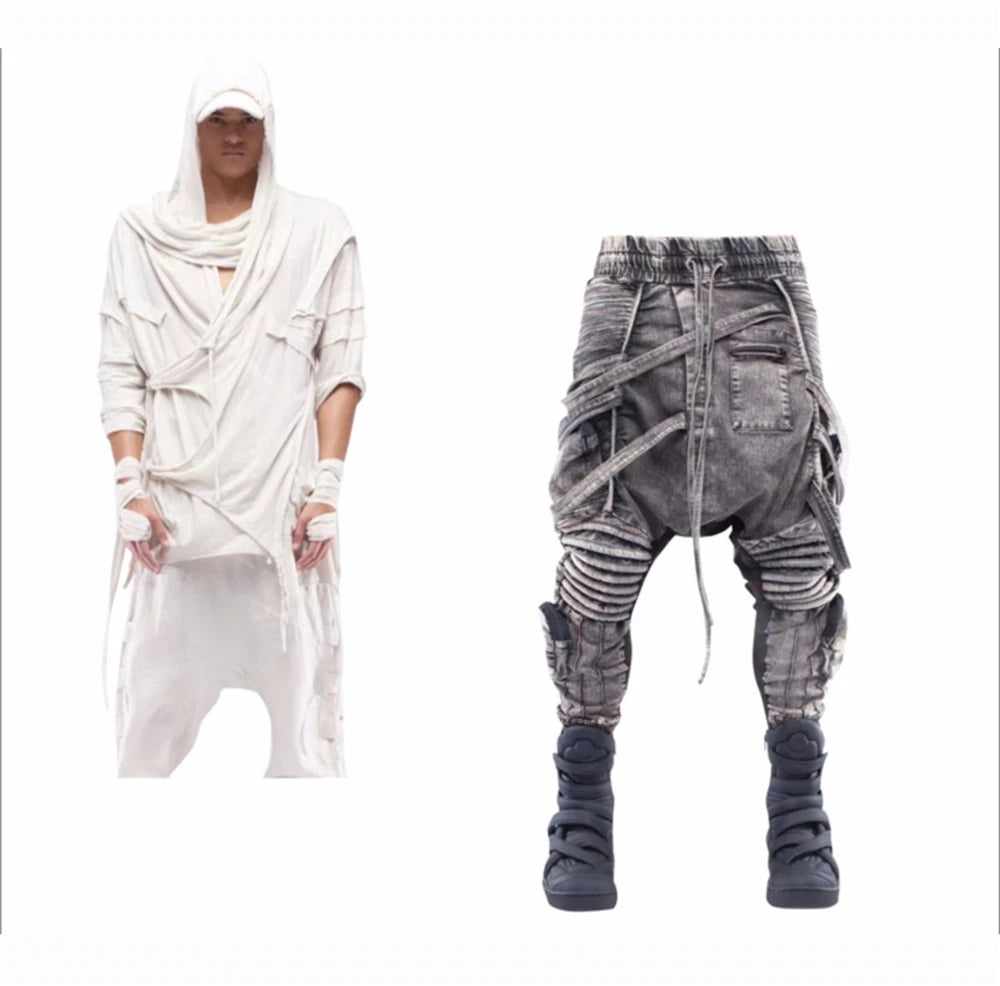 vintage motorcycle trousers joggers mens asymmetric straped pleated cross pants function elastic waist trousers unique joggers style 3586