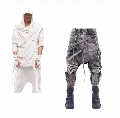 vintage motorcycle trousers joggers mens asymmetric straped pleated cross pants function elastic waist trousers unique joggers style 3586