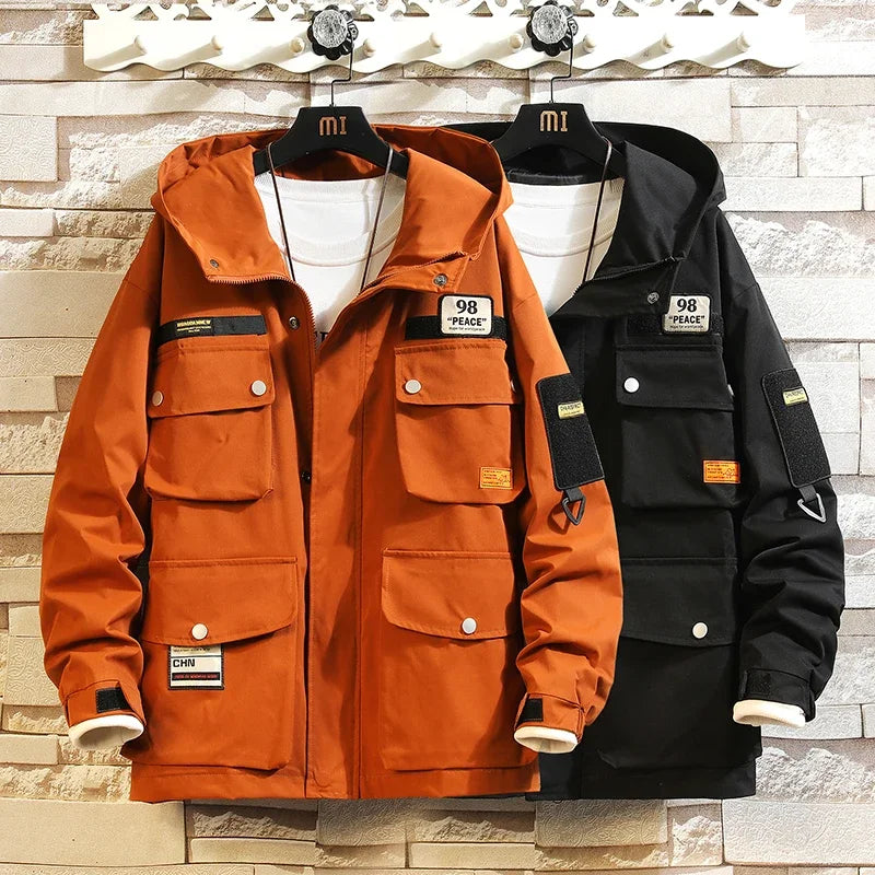 men jacket multi pockets hooded outwear korean fashion patch jackets zipper coats retro techwear oversize men clothing minimalist street pants