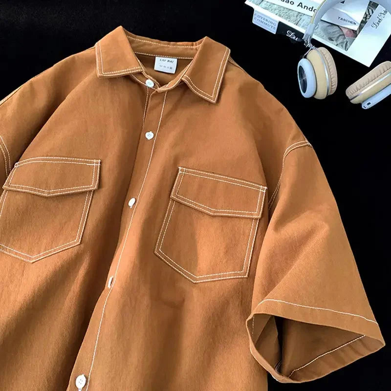 Retro trendy and personalized unisex style short sleeved men and women summer Korean street loose lapel couple work top y2k Street King Limited
