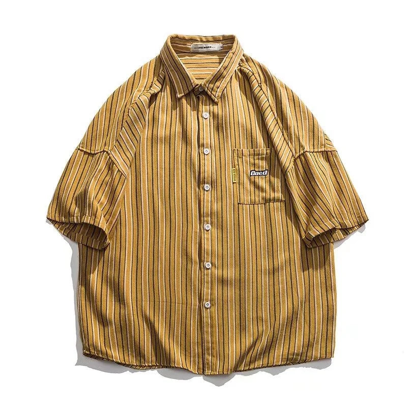 Streetwear Summer Mens Vintage Striped Shirts Letter Print Short Sleeve Casual T 2024 Summer Mens Vintage Striped Shirts Letter Print Short Sleeve Casual T Shirt Clothing Y2K Streetwear Loose Social Camisas Fashion Sweater Jacket With Graphic Design For Men