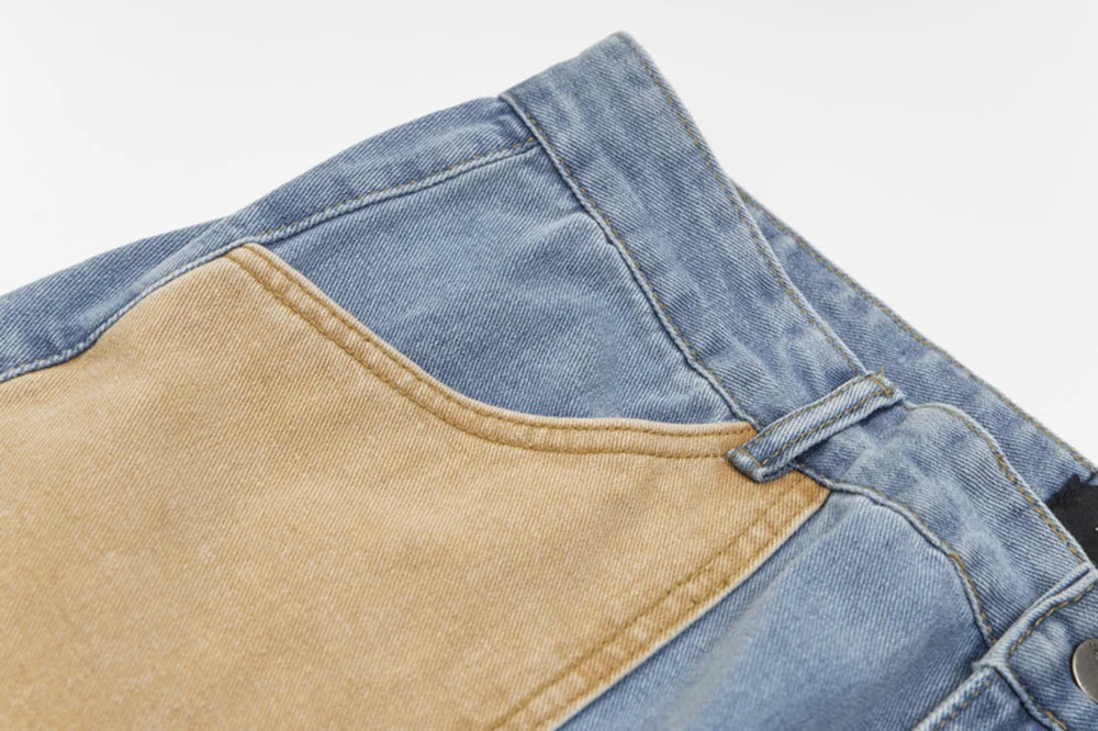 New Contrast Color Pockets Washed Blue Baggy Denim Trousers Mens and Women Straight Patchwork Loose Casual Jeans Oversize Cargos Street King Limited